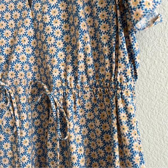 By Anthropologie Ruffle Short Sleeve Mini Dress Blue Floral Tie Waist Size Large - Picture 7 of 11